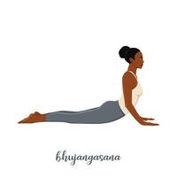 Frau tun Bhujangasana oder Kobra Pose. demonstrieren Übung während Gymnastik Ausbildung. eben Vektor Illustration isoliert auf Weiß Hintergrund
