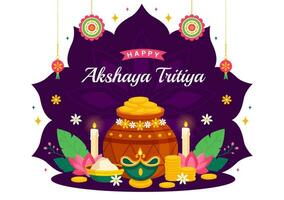 akshaya tritiya festival vektor illustration med en gyllene kalash, ljus, pott och guld mynt för dhanteras firande i traditionell hindu Semester