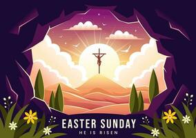 Lycklig påsk söndag vektor illustration av Jesus, han är stigit och firande av uppståndelse med grotta och de korsa i platt tecknad serie bakgrund
