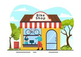 Fahrrad Geschäft Vektor Illustration mit Käufer Menschen wählen Fahrräder, Zubehör oder Ausrüstung Ausrüstung zum Reiten im eben Karikatur Hintergrund Design