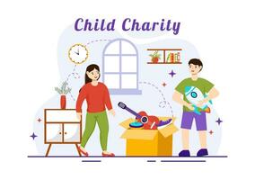 Kind Nächstenliebe Vektor Illustration von wohltätig Unterstützung und Schutz von Kinder mit Spielzeug Spende Kisten, Essen und Medikamente humanitär Hilfe