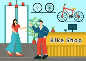 Fahrrad Geschäft Vektor Illustration mit Käufer Menschen wählen Fahrräder, Zubehör oder Ausrüstung Ausrüstung zum Reiten im eben Karikatur Hintergrund Design