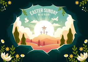 Lycklig påsk söndag vektor illustration av Jesus, han är stigit och firande av uppståndelse med grotta och de korsa i platt tecknad serie bakgrund