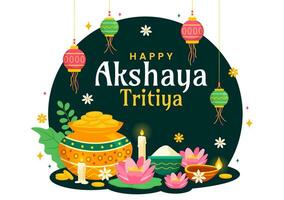 akshaya tritiya festival vektor illustration med en gyllene kalash, ljus, pott och guld mynt för dhanteras firande i traditionell hindu Semester