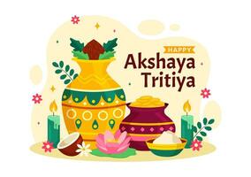 akshaya tritiya festival vektor illustration med en gyllene kalash, ljus, pott och guld mynt för dhanteras firande i traditionell hindu Semester