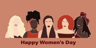 glücklich Damen Tag Karte mit fünf Frauen von anders Ethnien und Kulturen Stand Seite durch Seite zusammen. stark und mutig Mädchen Unterstützung jeder andere. Vektor Illustration