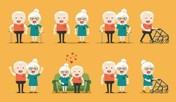 pensionerad äldre senior ålder par i kreativ platt vektor karaktär design morfar och mormor stående full längd leende