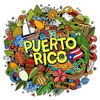 puerto rico Karikatur Gekritzel Illustration. komisch puertorikanisch Design. kreativ Vektor Hintergrund mit Karibik Land Elemente und Objekte. bunt Komposition