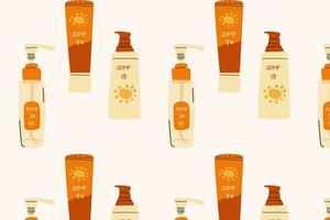 tecknad serie bakgrund av kosmetisk Produkter för Sol skydd i platt stil. vektor illustration isolerat, uppsättning inkluderad grädde, spray, lotion.