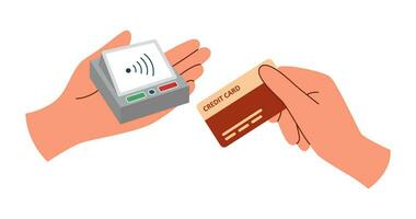 betalning enhet. betalning terminal och hand med kreditera kort. vektor