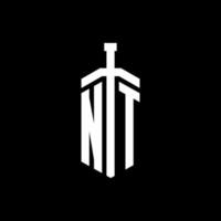 nt-Logo-Monogramm mit Schwertelement-Band-Design-Vorlage vektor