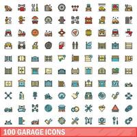100 garage ikoner uppsättning, Färg linje stil vektor