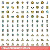 100 arkeologi ikoner uppsättning, Färg linje stil vektor