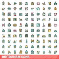 100 Tourismus Symbole Satz, Farbe Linie Stil vektor