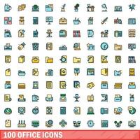 100 kontor ikoner uppsättning, Färg linje stil vektor