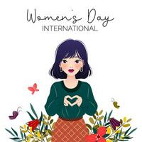 International Damen Tag. 8 Marsch. Banner mit asiatisch Frau zeigen Zeichen von Herz. Frühling Blumen, Kräuter. inspirieren Aufnahme. modern Vektor Design zum Postkarte, Poster, Kampagne, Sozial Medien Post.