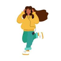 Mädchen Hör mal zu zu Musik. ein Mädchen im ein Gelb Sweatshirt und Blau Jeans Hör mal zu zu Musik- mit Kopfhörer und geht auf das Anmerkungen. Vektor Illustration