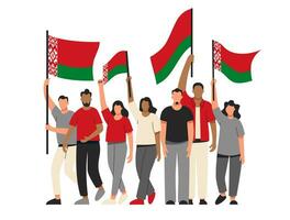 Menschen mit Flaggen von Weißrussland beim das Rallye. Weißrussen sind protestieren. Wahlen, Wählen, Freiheit und Rechte. Vektor Illustration