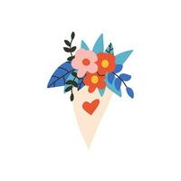 en bukett med blommor, grenar och löv insvept i papper. symbol av kärlek, romantik. design för hjärtans dag. vår element. vektor