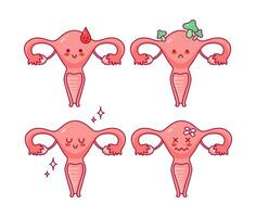 livmoder. uppsättning söt tecknad serie tecken i söt stil. friska organ, menstruation, svamp sjukdom, infertilitet. kvinnor hälsa. kvinna reproduktiv systemet, cykel. anatomi, äggstockar, äggledare rör. vektor