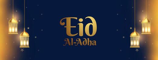 eid el Adha lyckönskningar baner med gyllene lyktor vektor