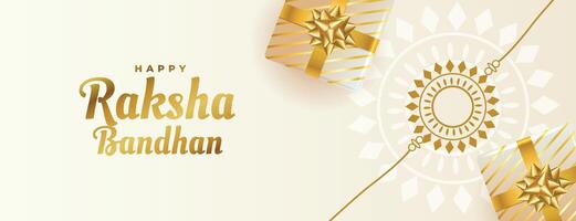 schön Raksha Bandhan Banner mit Geschenk Kisten und Rakhi vektor