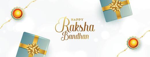 elegant Raksha Bandhan Banner mit Rakhi und Geschenk Kisten vektor