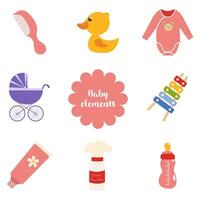 en uppsättning för nyfödda med tecknad serie element i en platt design. en uppsättning av barns leksaker, kläder, vård Produkter och Övrig dekorativ klistermärken. vektor illustration