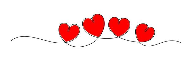 kontinuierlich Linie Herzen zusammen. rot Herz mit schwarz Linie, romantisch Beziehung Liebe und Familie. Unterstützung und Hilfe Metapher, Freundschaft Vektor Konzept.