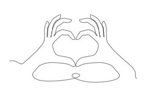 kontinuerlig ett linje teckning göra gest menande kärlek. händer vikta i form av hjärta. svart och vit hjärta ikon. vektor