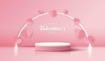 Lycklig valentines dag och skede podium dekorerad med hjärta form belysning. piedestal scen med för produkt, kosmetisk, reklam, show, tilldela ceremoni, på röd bakgrund och ljus. vektor design.