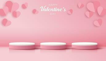 Lycklig valentines dag och skede podium dekorerad med hjärta form. piedestal scen med för produkt, kosmetisk, reklam, show, tilldela ceremoni, på rosa bakgrund och ljus. vektor design.