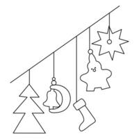 kontinuerlig linje konst hängande jul gåva låda stjärna kärlek hatt klocka och strumpa dekoration vektor