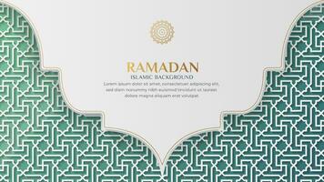 ramadan kareem arabicum islamic elegant vit och grön dekorativ bakgrund med islamic mönster och dekorativ prydnad båge ram vektor