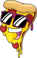 komisch Pizza Scheibe Karikatur Charakter mit Sonnenbrille. Vektor Hand gezeichnet Illustration