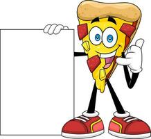Lycklig pizza skiva tecknad serie karaktär närvarande tom tecken vektor