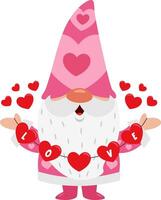 söt valentine gnome tecknad serie karaktär innehav hjärtan med text kärlek vektor