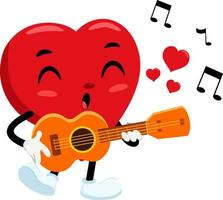 söt röd hjärta retro tecknad serie karaktär spelar en gitarr och sång vektor