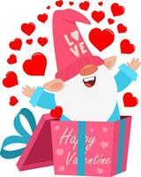 süß Valentinstag Gnom Karikatur Charakter Ausfahrt von Liebe Geschenk Box mit Herzen vektor