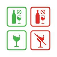 Nein Alkohol Zeichen und Alkohol erlaubt Zeichen Symbol Vektor Illustration. Verbot Zeichen einstellen zum Alkohol. Vektor Illustration