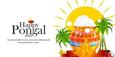 glücklich pongal Banner Design Vorlage mit traditionell indisch Lebensmittel. Vektor Illustration.