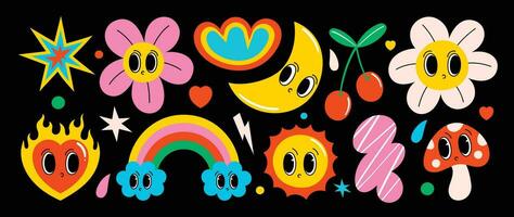 einstellen von funky groovig Element Vektor. Sammlung von Karikatur Figuren, Gekritzel Lächeln Gesicht, Blume, Herz, Sonne, Regenbogen, Mond, Pilz. süß retro groovig Hippie Design zum dekorativ, Aufkleber, Kinder. vektor