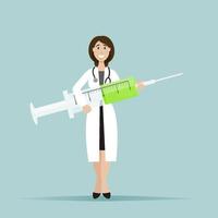 den kvinnliga läkaren ler och håller en stor spruta. en spruta med ett vaccin. vektor