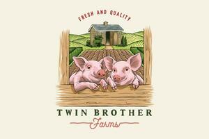 vektor logotyp av lantbruk och två grisar i årgång stil