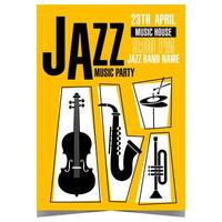 Jazz Musik- Party Einladung Flugblatt oder Flyer mit Musical Instrumente eine solche wie Saxophon, Trompete, Cello und Hallo Hut auf Gelb Hintergrund. Vektor Poster oder Banner zum Jazz Musik- Festival oder Konzert.