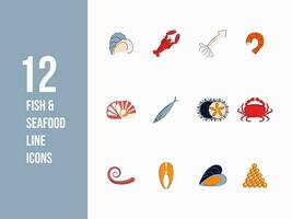 tunn linje mat ikoner för webb och app. fisk och skaldjur ikon uppsättning sådan som lax, kammussla, ostron, bläckfisk och Mer. platt enkel mat vektor illustrationer.