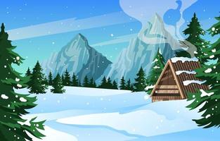 Hütte im Schnee, umgeben von Bäumen vektor