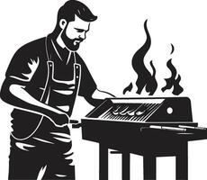 fräsa vid matlagning och rök svart vektor bbq logotyp eldfarkoster man bbq ikon i vektor