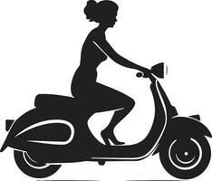 Stadtbildreise Frau auf Roller Logo stylischer Cityride schwarz Vektor Emblem