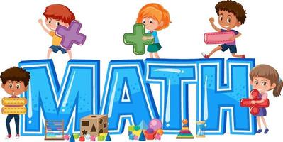 isolierte Mathematik-Schriftart-Banner mit Kindern, die Mathe-Symbol halten vektor